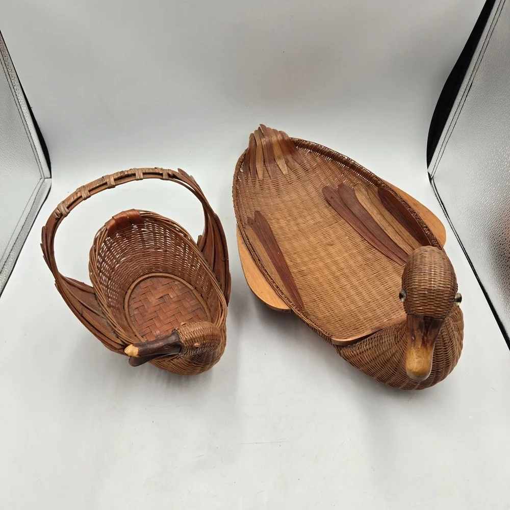 Vtg Goose Duck Baskets Bamboo Rattan Wicker With Handle Cottagecore Boho EUC